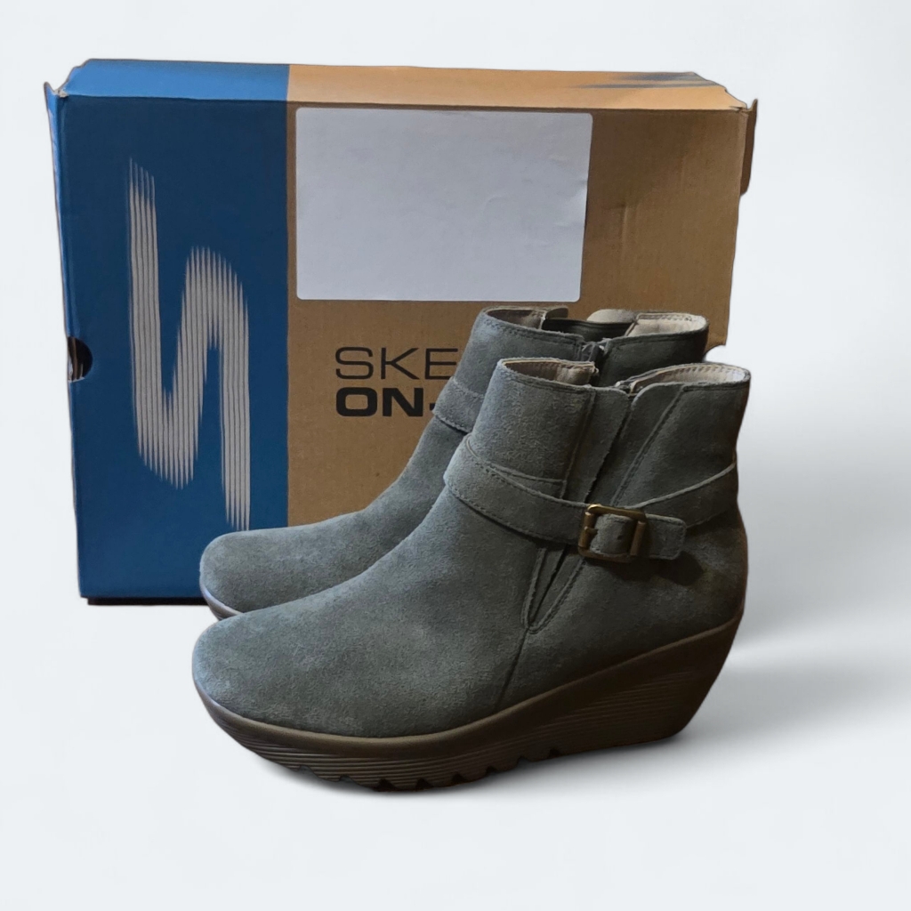 Skechers Parallel Wedge Boots Womens 10 Olive Green Suede Zip Ankle Booties